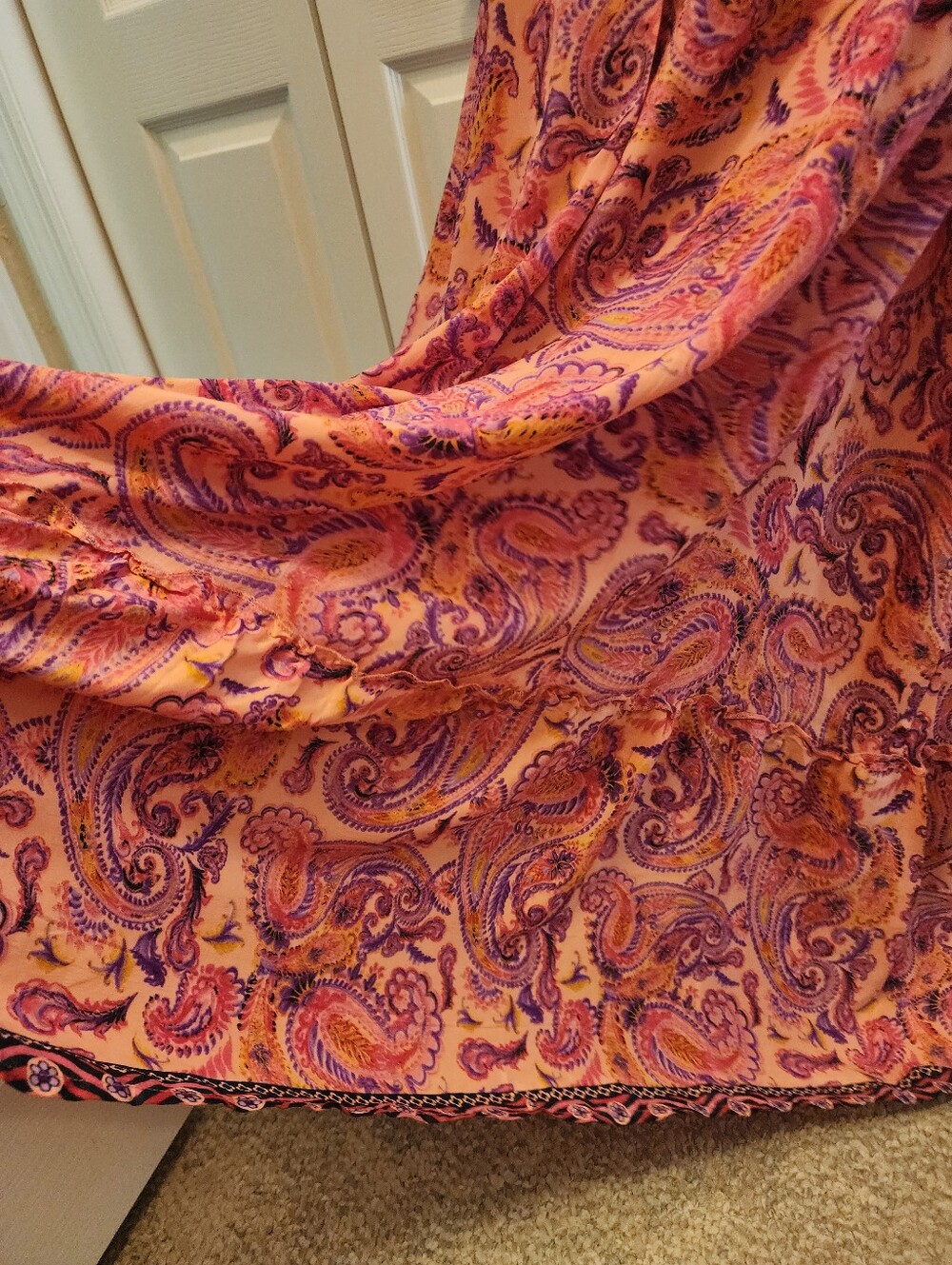 Vibrant Pink Paisley Boho Tiered Maxi Skirt Front Button Slit Smocked Waistband - Picture 11 of 13
